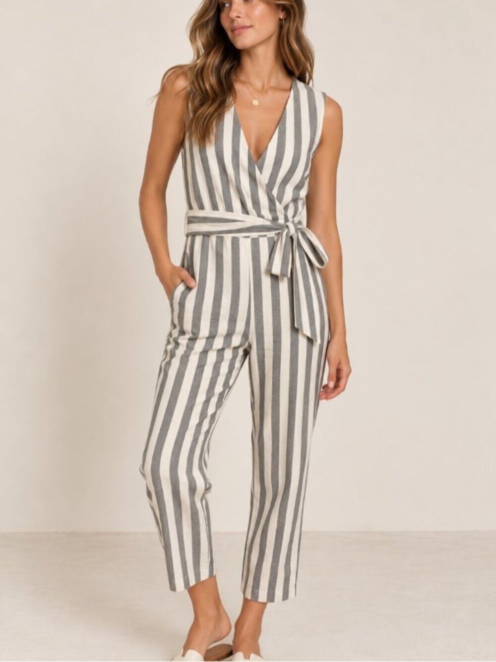 Storia Striped Wrap Jumpsuit Medium 100% Cotton Belted Wide Leg Sleeveless 0759